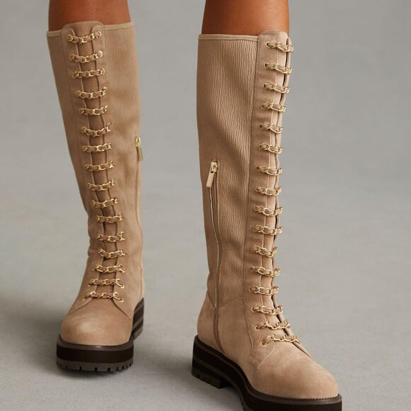 NEW CECELIA NEW YORK Knee High Chain Lace Boots taupi for women 864tn - Picture 4 of 6